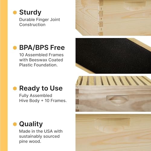 Mann Lake 10-Frame Deep Hive Body Kit - Fully Assembled 9 5/8" Pine Box With Frames & Beeswax Foundation, Made In USA