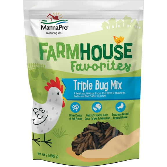 Manna Pro Farmhouse Favorites  Triple Bug Mix  Poultry Treat  Made with Mealworms, Beetles, & Black Soldier Fly Larvae  2lb Bag