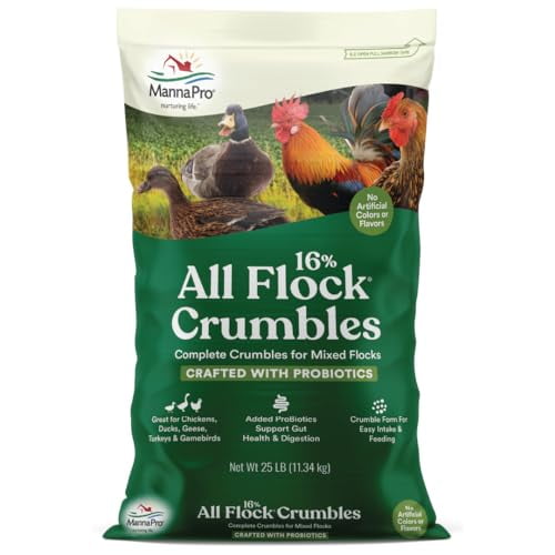 Manna Pro All Flock Crumbles , 16% Protein Level , Complete Feed for Chickens, Ducks, Geese, Turkeys and Gamebirds , Probiotics to Support Digestion , Crumbled Form for Easy Feeding , 25 Pounds 25 Pound (Pack of 1)