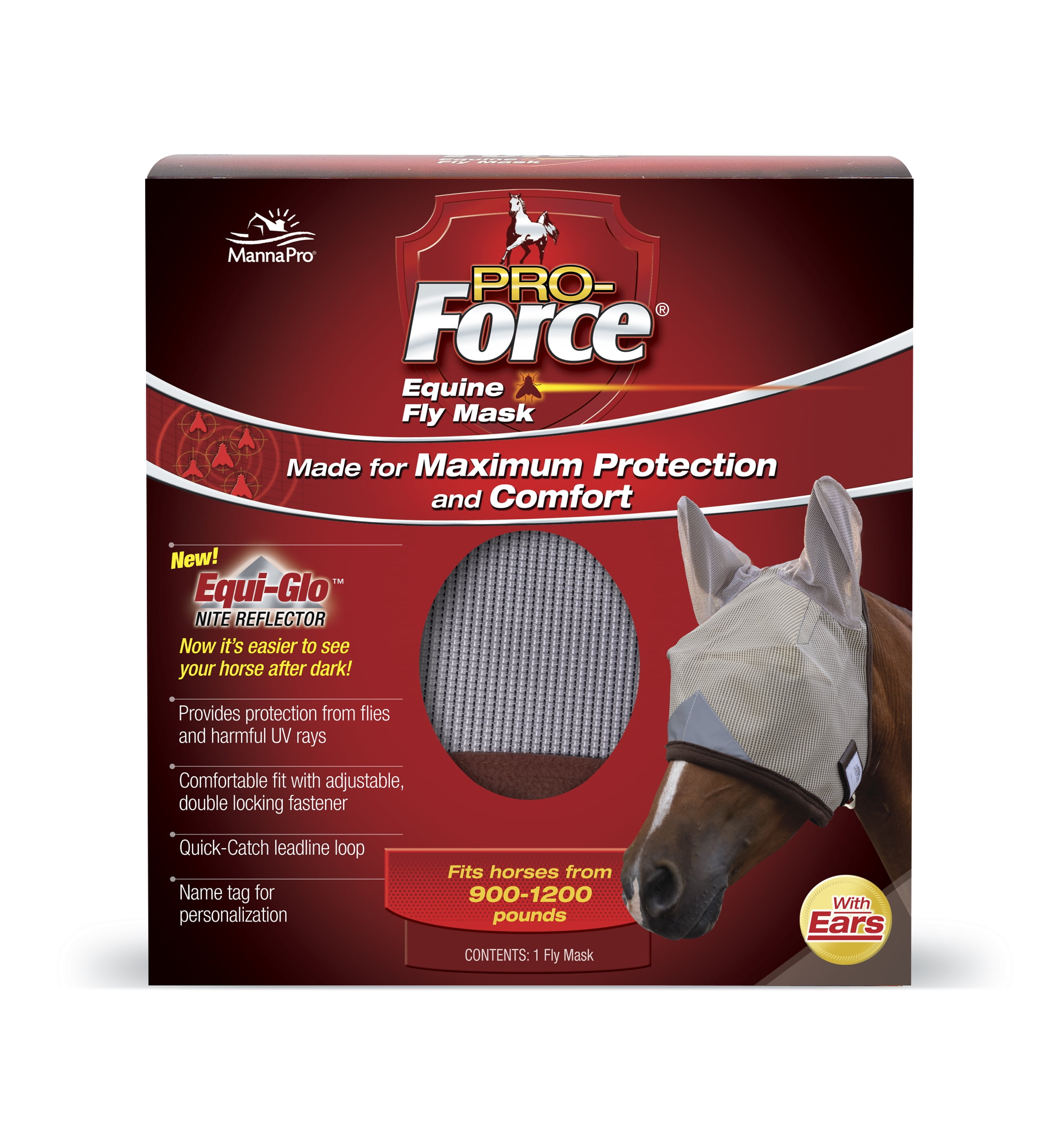 PRO FORCE Manna Pro Pro-Force Fly Mask for Horses, Adjustable Fit for Comfort, with Ears, 1 Mask