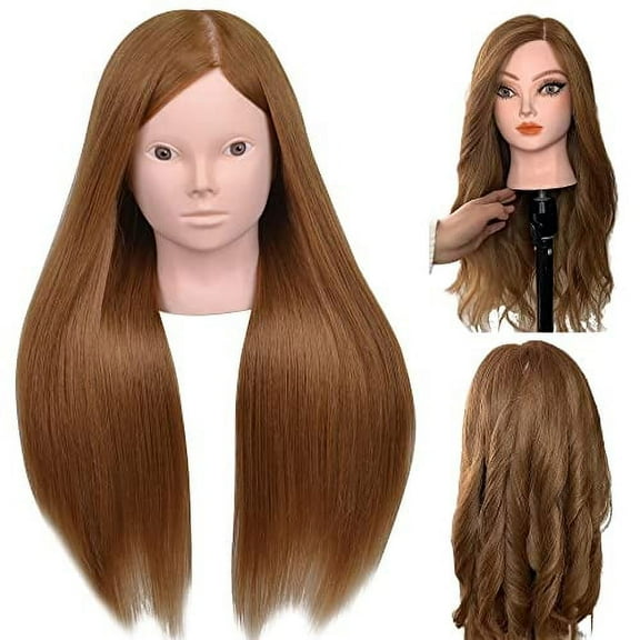 Mannequin Head 70% Real Hair, Cosmetology Doll Head for Hair Styling, Braiding, Makeup Practice & Training -Brown Color