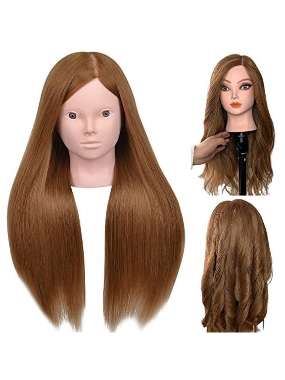 Mannequin Head 70% Real Hair, Cosmetology Doll Head for Hair Styling, Braiding, Makeup Practice & Training -Brown Color