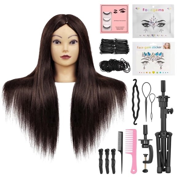 LAJOLLIA Mannequin Head With 90% Human Hair 23 inch,Doll Head For Hair Styling,Cosmetology Manikin,Hair Practice Head,Training Braiding Hairdressing Head with Wig Stand Tripod(Dark Brown B)