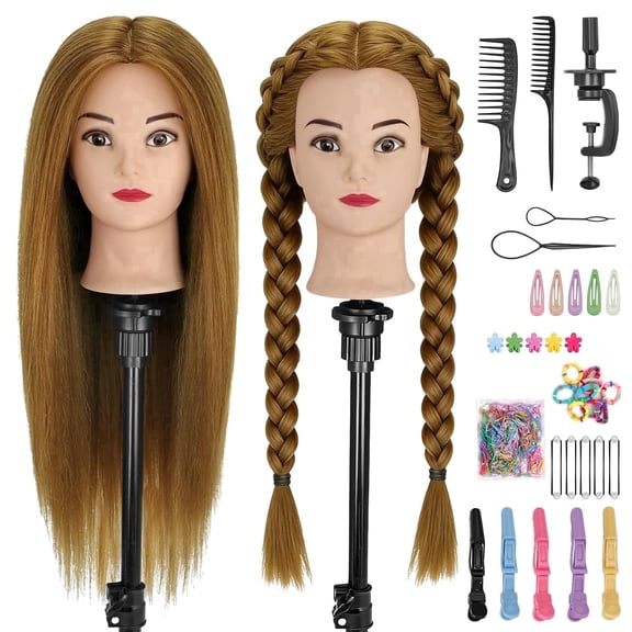 Mannequin Head with 90% Human Hair, 24" Hair Doll Head for Cosmetology & Hairdresser, Real Hair Manikin Doll Styling Head, Hairdressing Training Braiding Head with Table Clamp (Drak Brown)