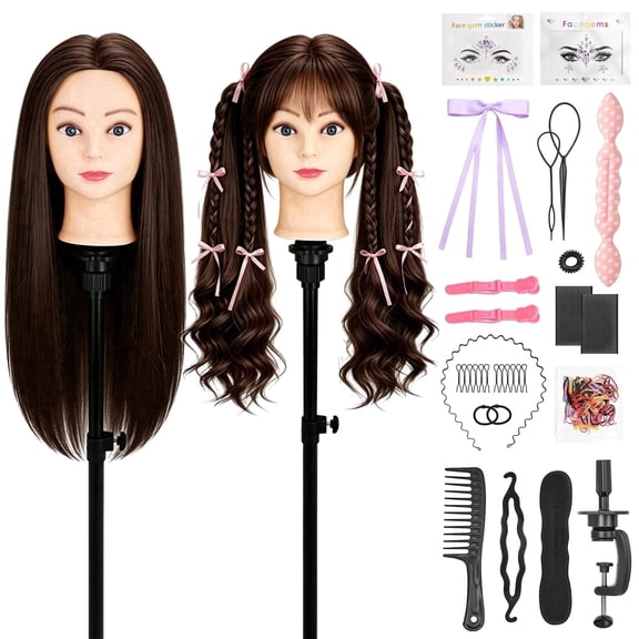 Mannequin Head with 90% Human Hair, 24" Hair Doll Head for Cosmetology & Hairdresser, Real Hair Manikin Doll Styling Head, Hairdressing Training Braiding Head with Table Clamp (Drak Brown)