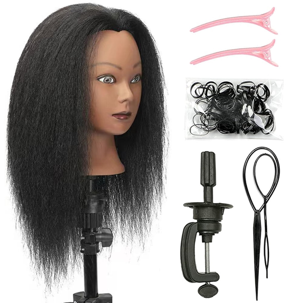 Mannequin Head with Human Hair with Stand for Hairdresser Practice Cosmetology Manikin Doll Training Head Braiding Styling Coloring Cutting Updos Display