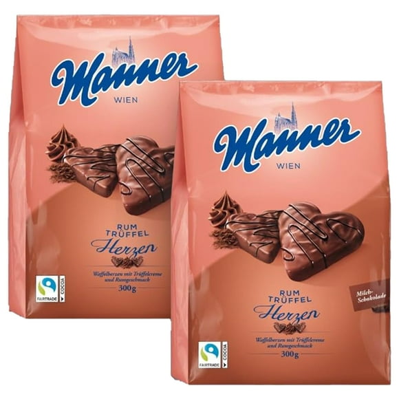 Manner Original Cocoa Cream TGF4Wafer - Austrian Wafers Flavored with Cocoa Cream & Milk Chocolate - Heart-Shaped Chocolate Wafers Ideal for On-the-Go - 2 Pack
