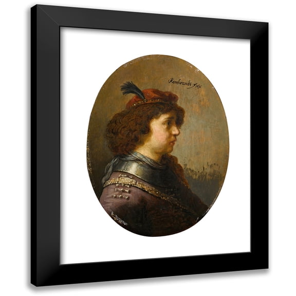Manner of Rembrandt van Rijn 12x14 Black Modern Framed Museum Art Print Titled - Portrait of a Young Man in Armour and a Red Feathered Cap (1636)