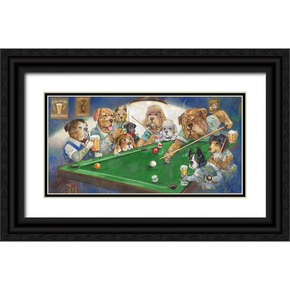 Manning, Ruane 18x11 Black Ornate Wood Framed with Double Matting Museum Art Print Titled - Pool Dogs
