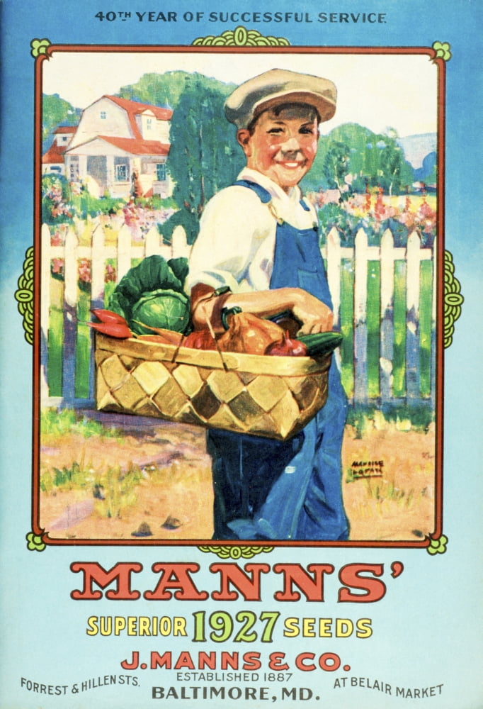Manns seed catalog with illustration of boy holding vegetables from the 20th century Canvas Art - Remsberg Inc Design Pics (12 x 18)