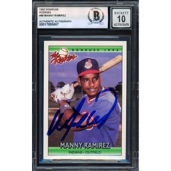 Manny Ramirez Autographed 1992 Donruss The Rookies Rookie Card #98 Cleveland Indians Auto Grade Gem Mint 10 Beckett BAS 239943
