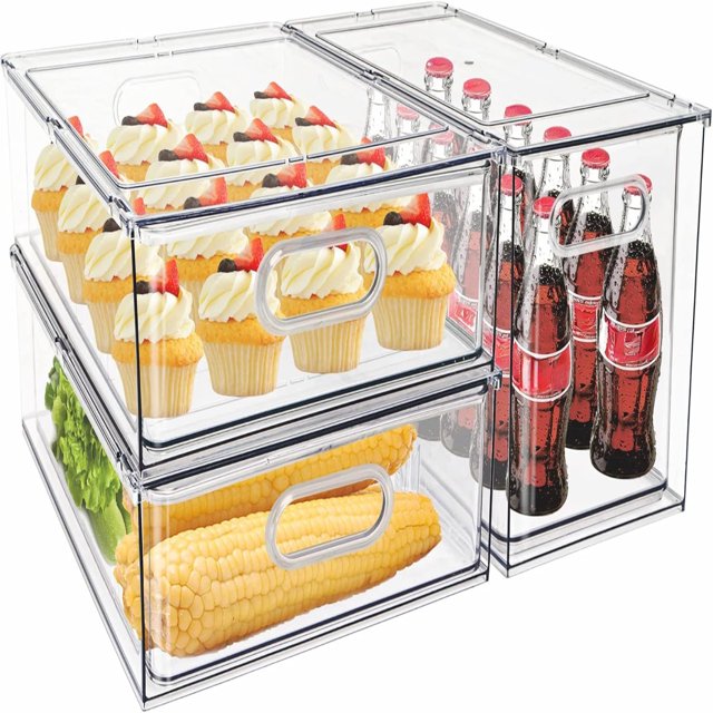 Mano 3Pack Fridge Drawer Pull Out Stackable Bins with Handle Clear