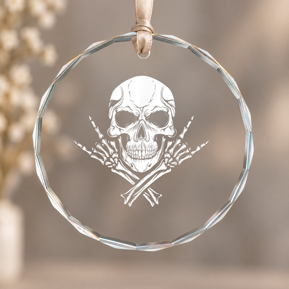 Mano Cornuta Music Skull er Theme Ornament, Hanging Decor, Circle Glass Ornament