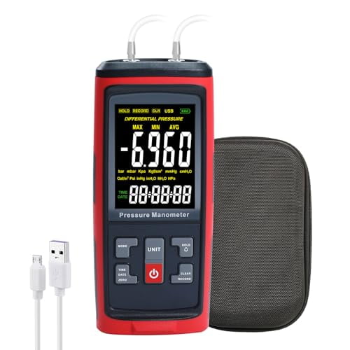 Manometer Data Logger Digital Manometer Gas Pressure Tester with 200 inH2O Measuring Range, Differential Pressure Gauge 13 Selectable Units Manometer HVAC with Large LCD Screen