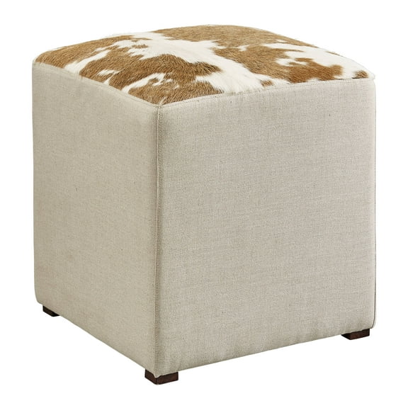 Manor Born Midland Americana Hair on Hide Square Leather & Linen Ottoman