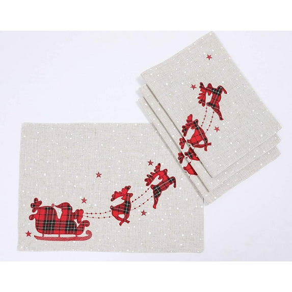 Manor Luxe Applique Santa Sleigh Placemats, 14x20, Natural/Red