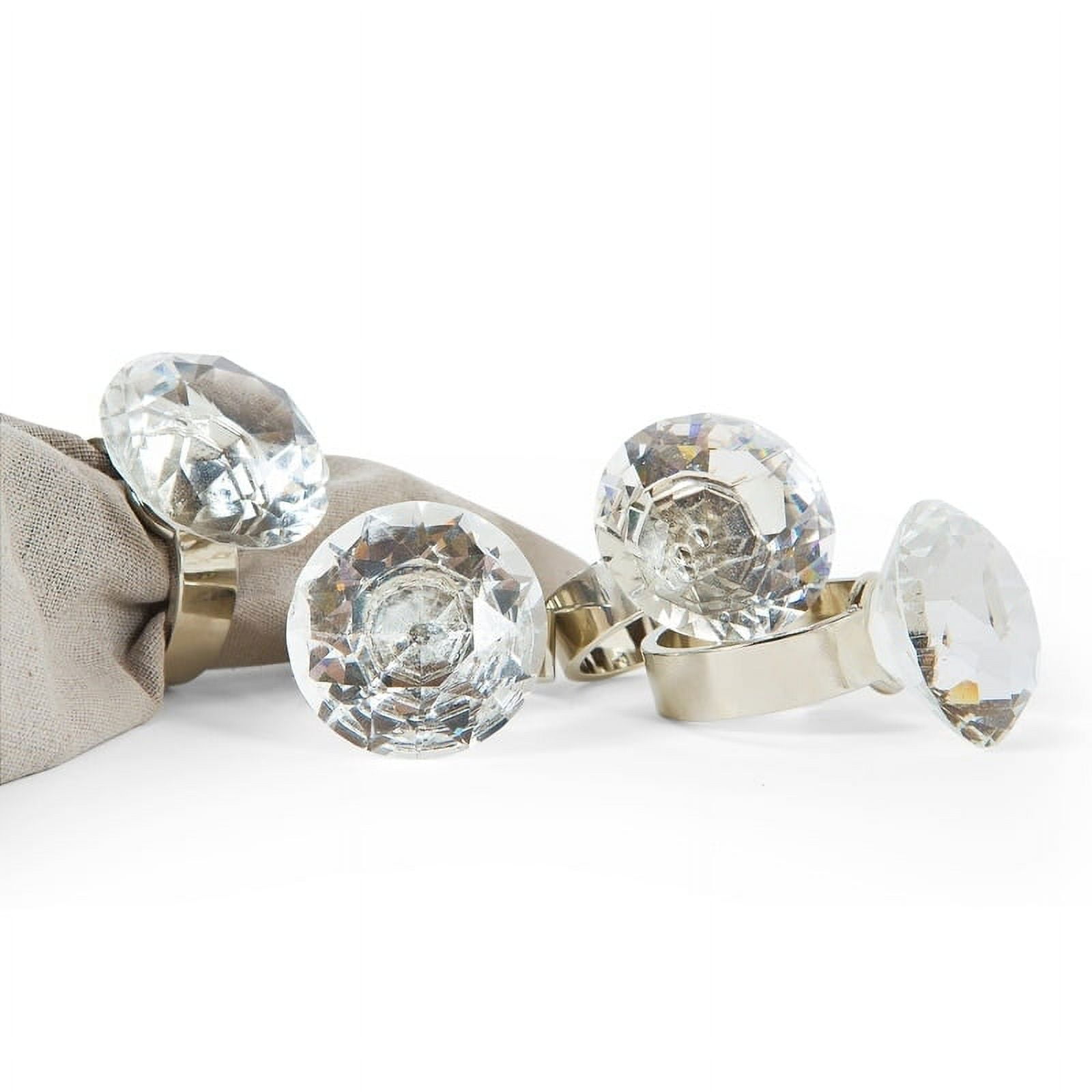 Silver Metal Napkin Rings with Crystal Solitaire Set of 4
