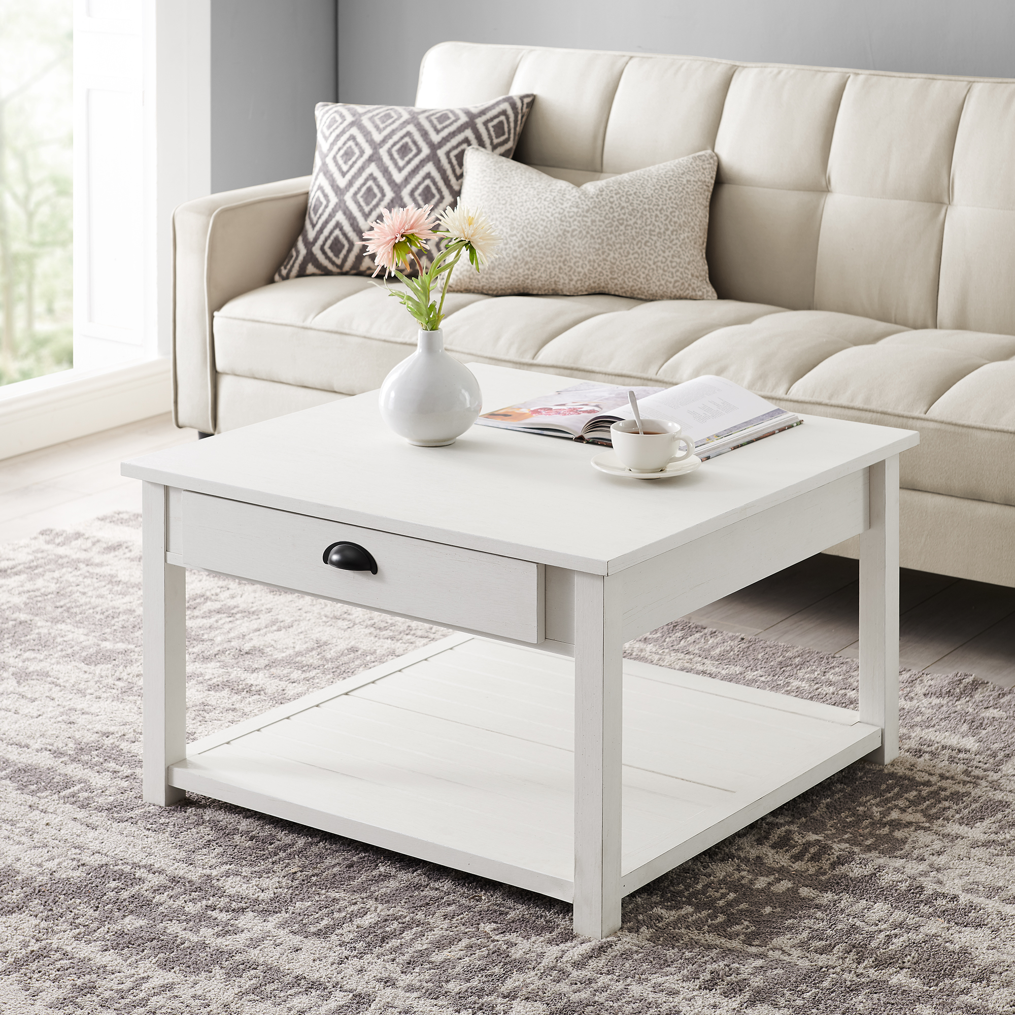 Manor Park 30 inch Square Country Coffee Table, Brushed White - image 1 of 10