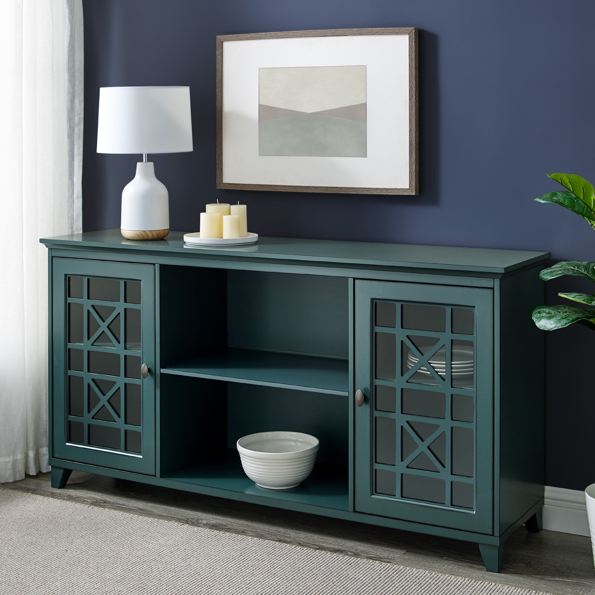 Manor Park 60" Transitional 2 Fretwork Door TV Stand, Antique Dark Teal