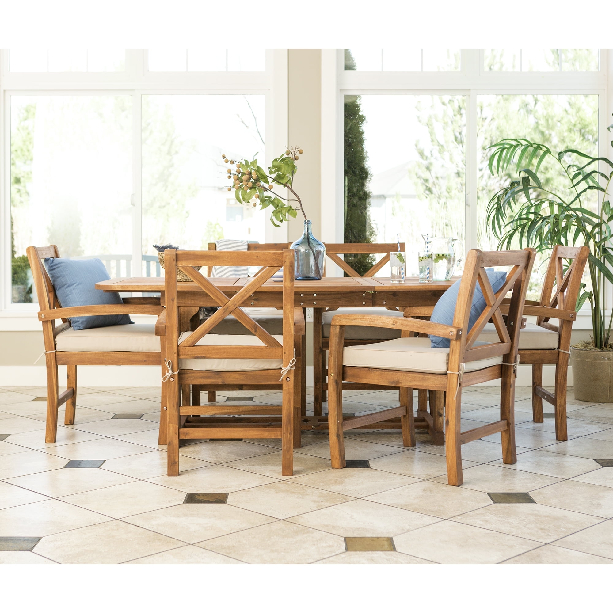 MANOR PARK Walker Edison 7-Piece X-Back Wood Outdoor Patio Dining Set, Brown