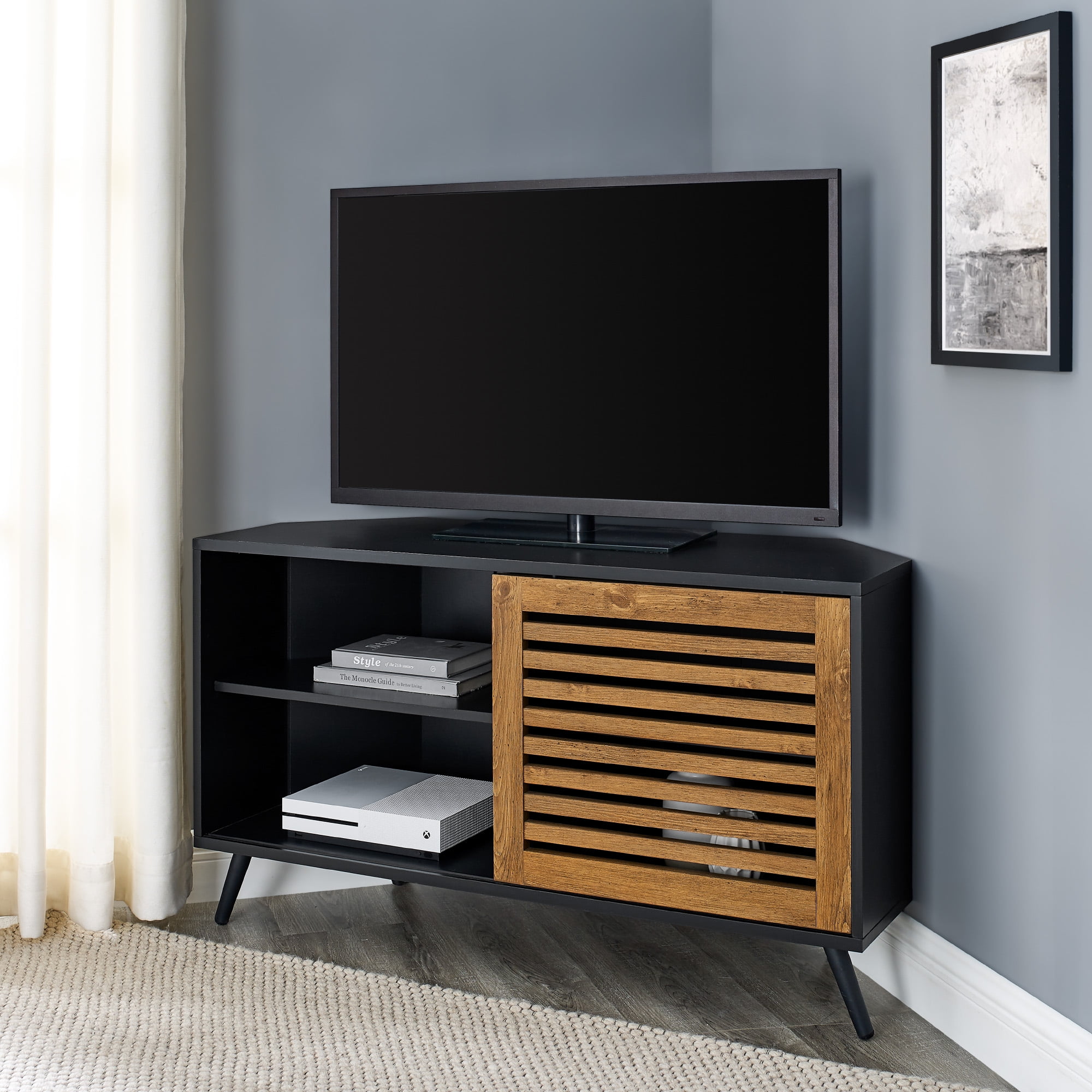 Manor Park Contemporary Boho Sliding Door Corner TV Stand, Black