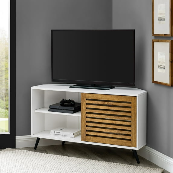 Manor Park Contemporary Boho Sliding Door Corner TV Stand, White