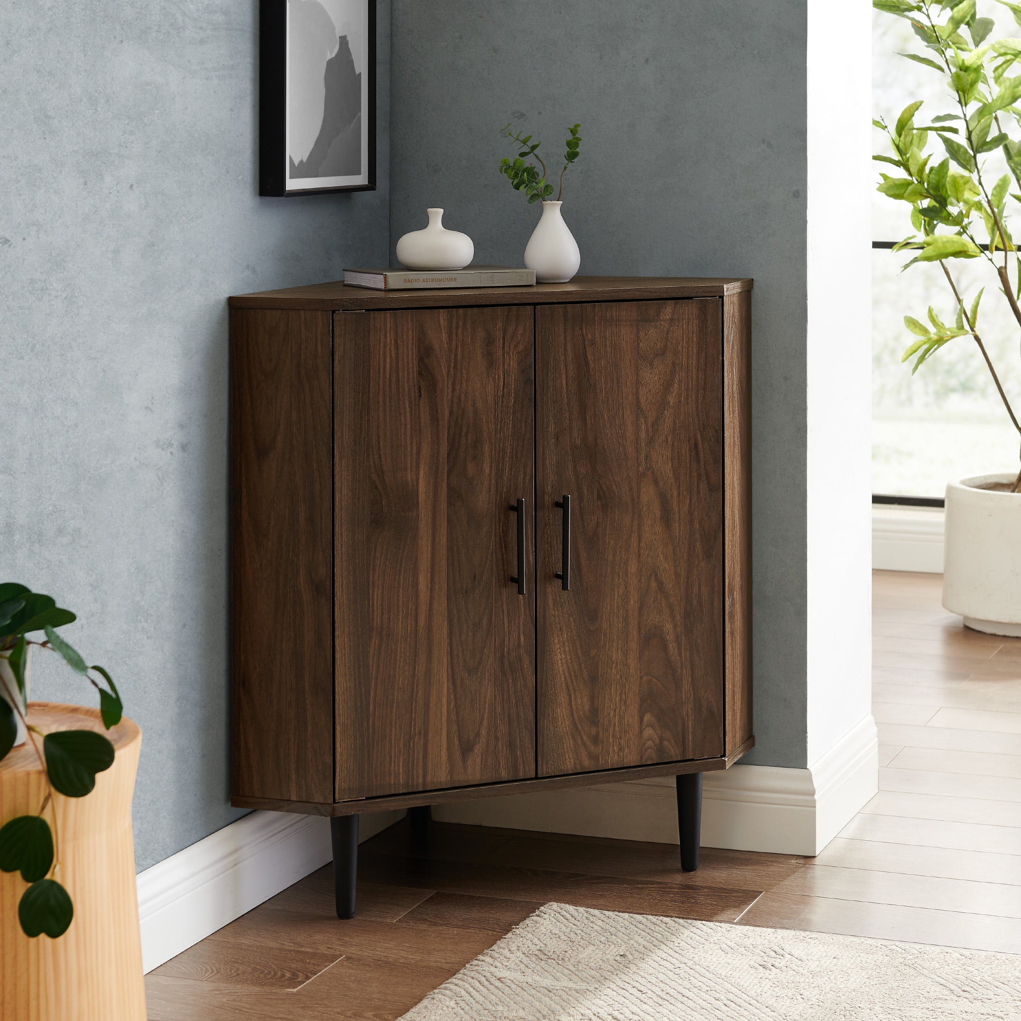 Dark Walnut 2-Door Corner Accent Cabinet with Adjustable Shelving