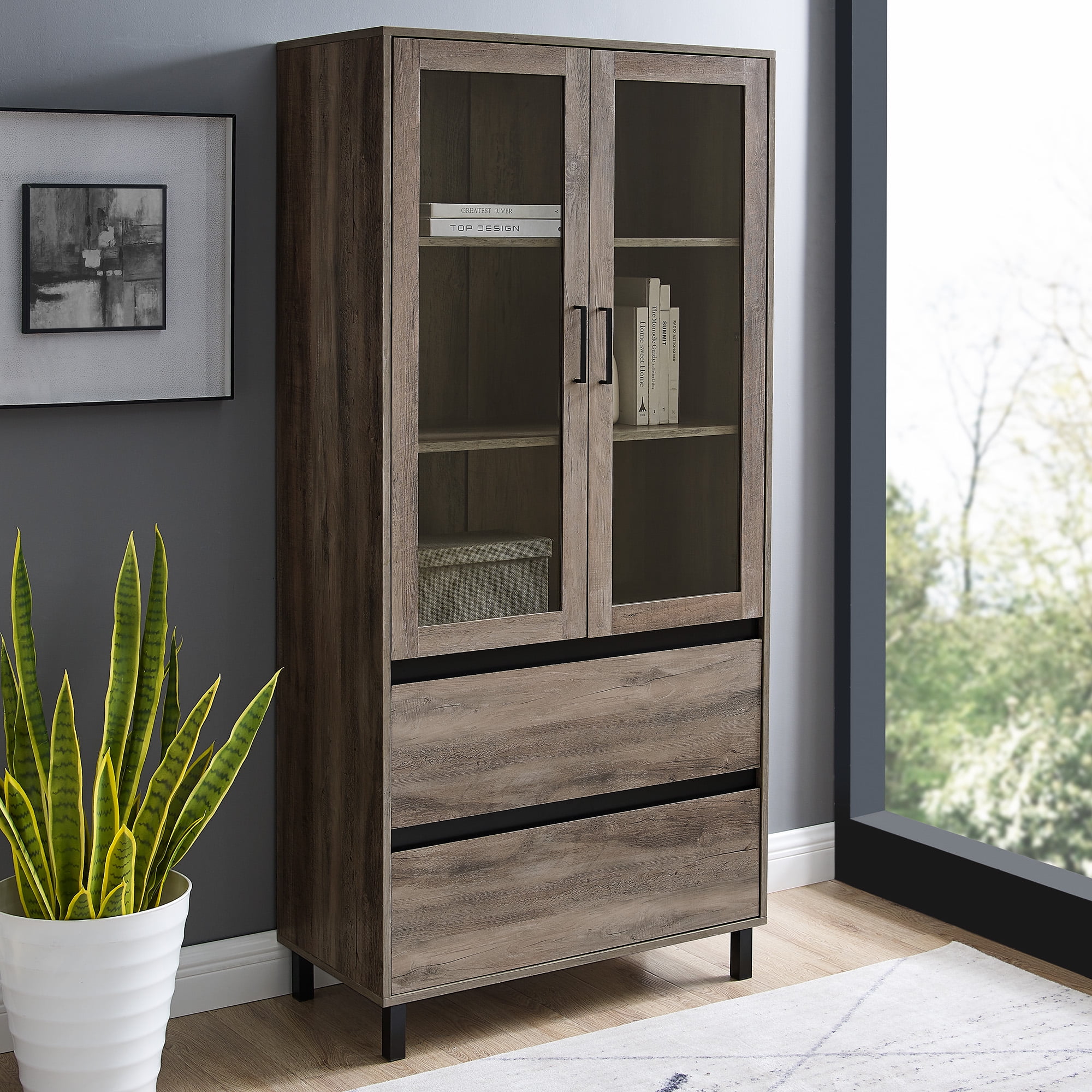 Manor Park Elaine Mid Century Glass Door Bookcase, Grey Wash