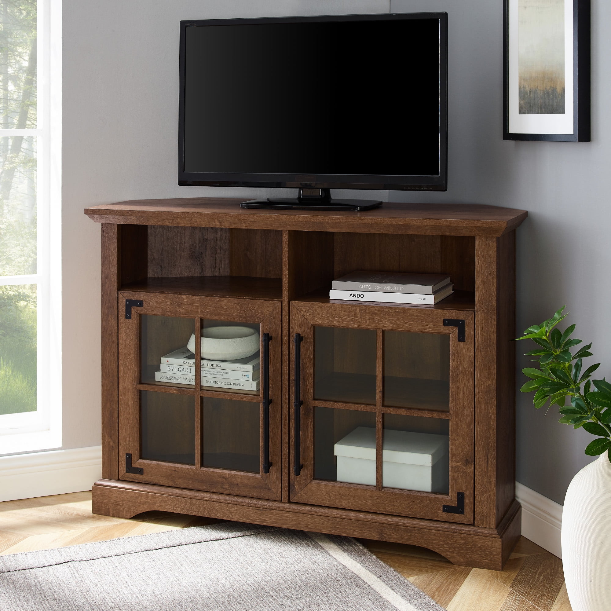 Manor Park Farmhouse Corner TV Stand for TVs up to 50”, Walnut