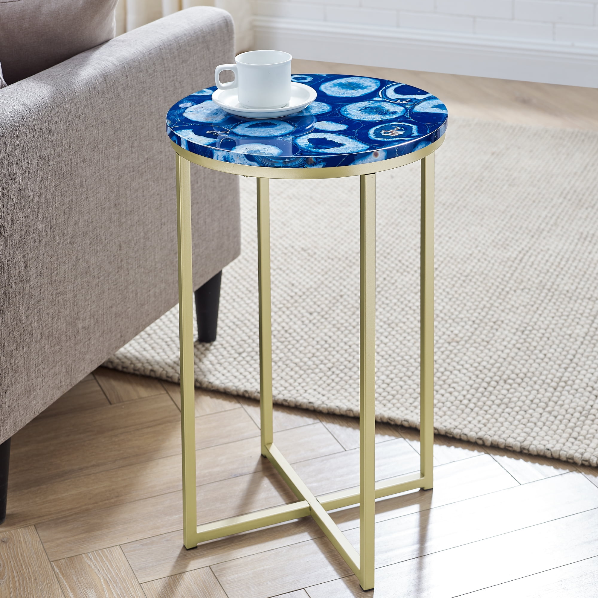 Manor Park Faux Agate Modern Glam Round End Table, Blue