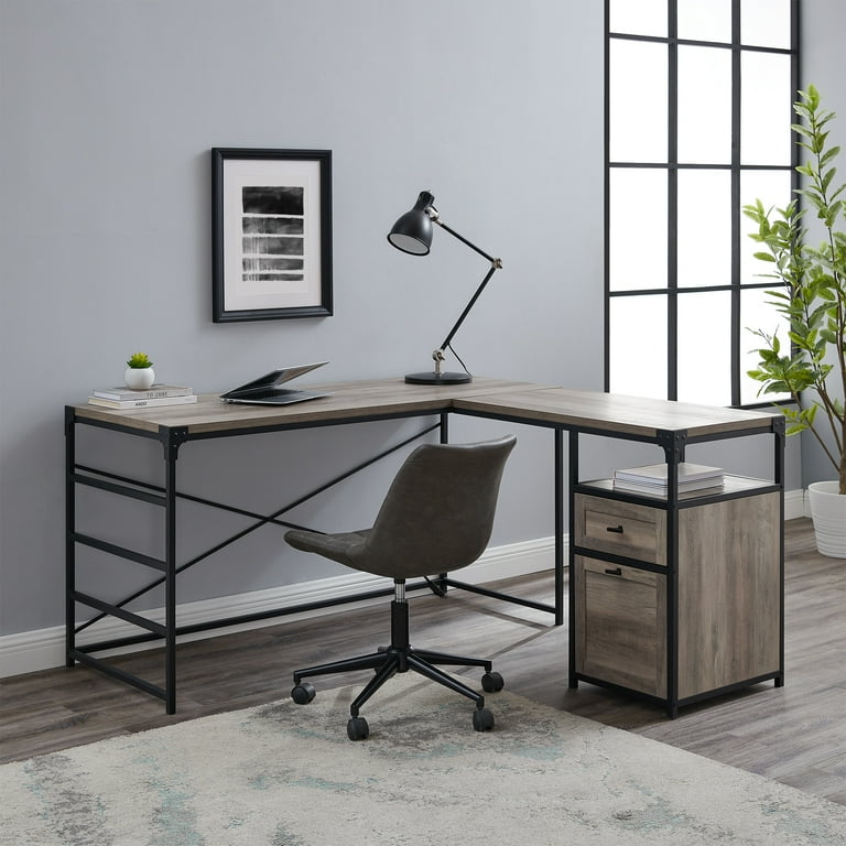 Manor Park Industrial 59 in x 59 in x 31 in L Shape Metal Portable Corner Desk with Storage Grey Wash Black Walmart