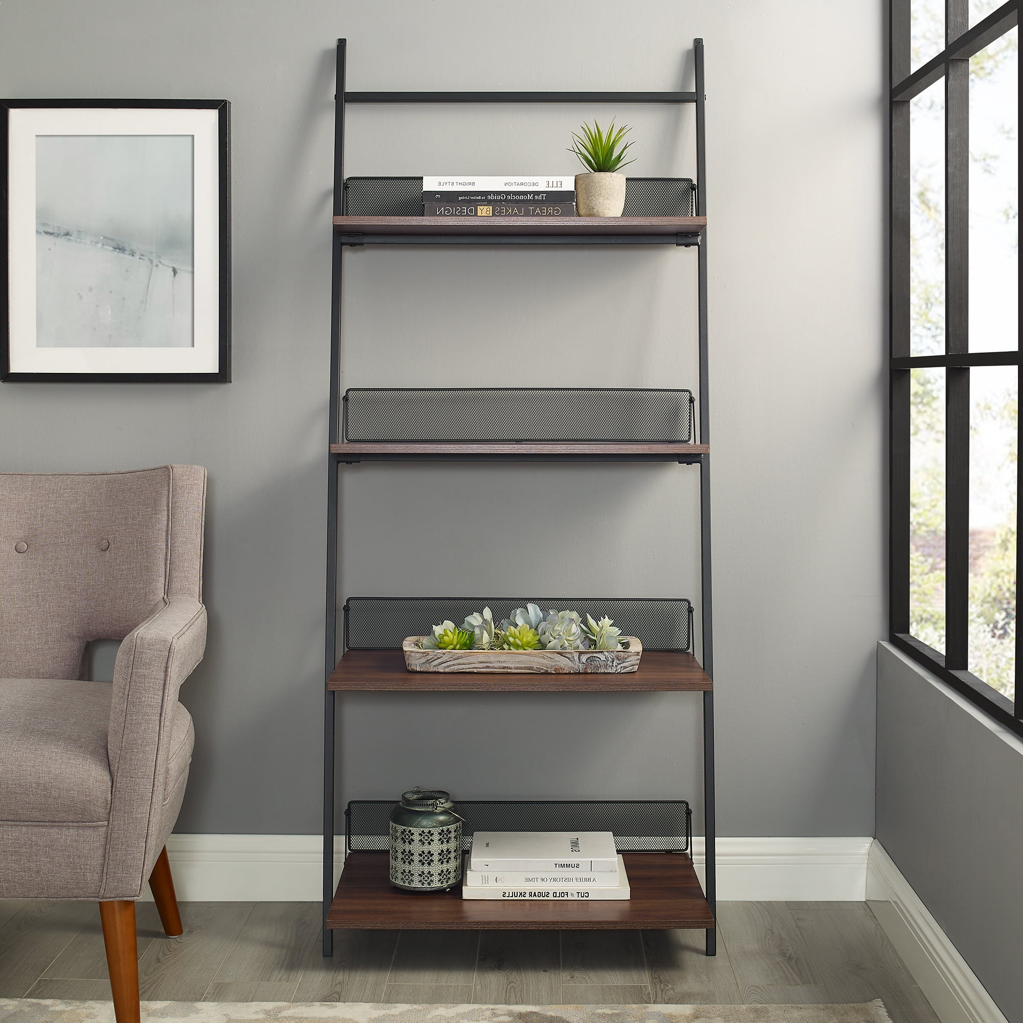 Manor Park Industrial Ladder Bookcase with 4 Shelves, Dark Walnut