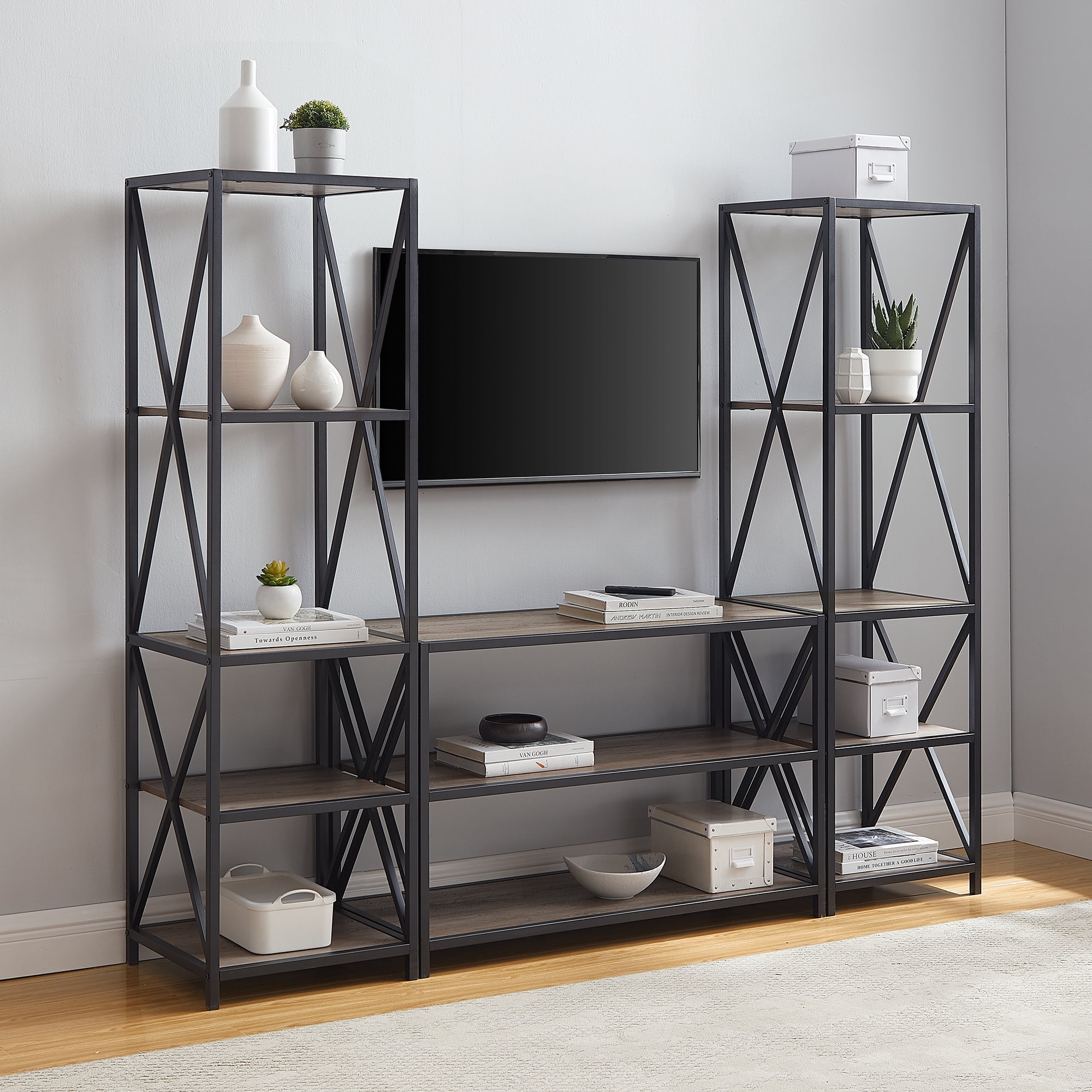 Manor Park Industrial Open Shelf Entertainment Center, Grey Wash