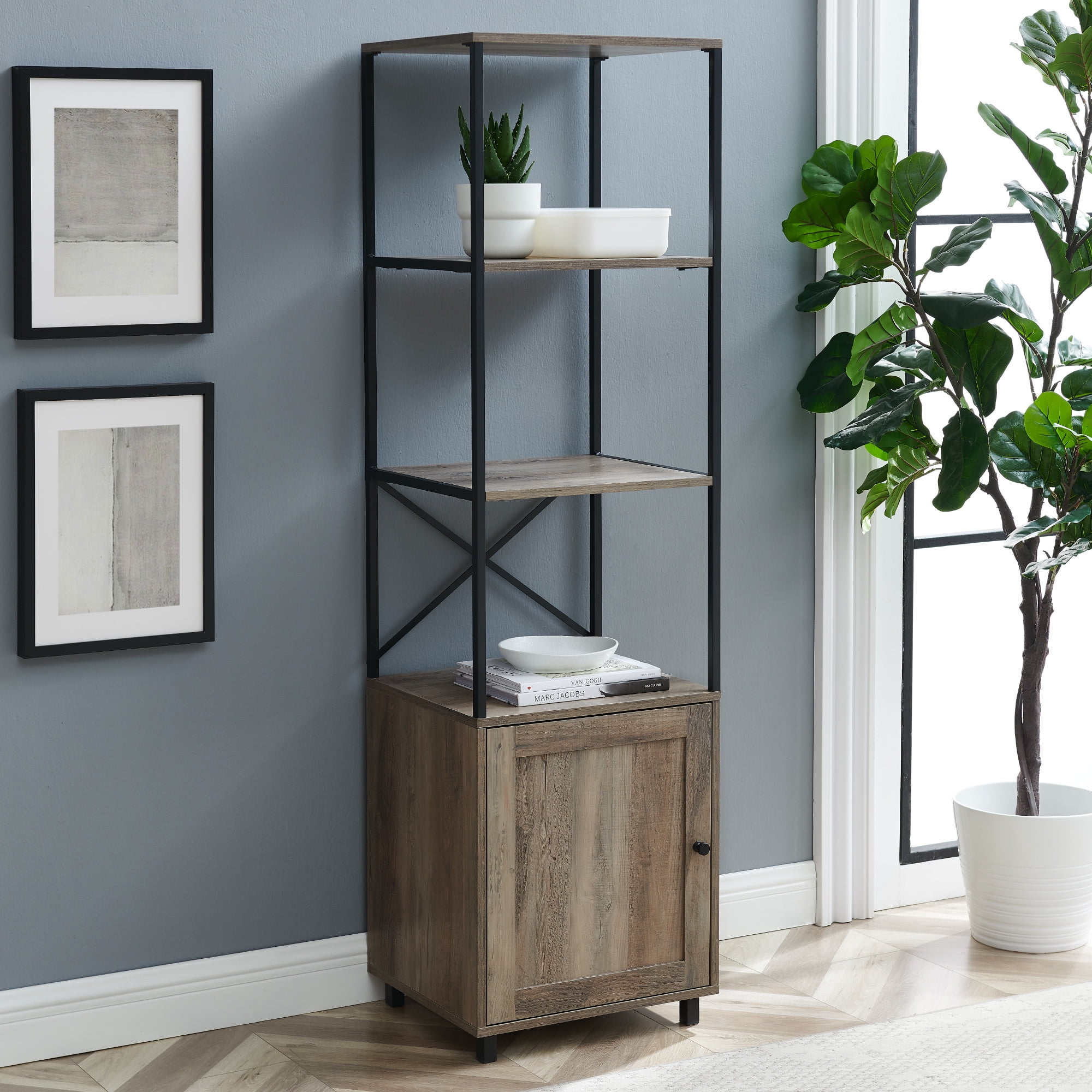 Manor Park Industrial Open and Closed Storage Bookshelf, Grey Wash