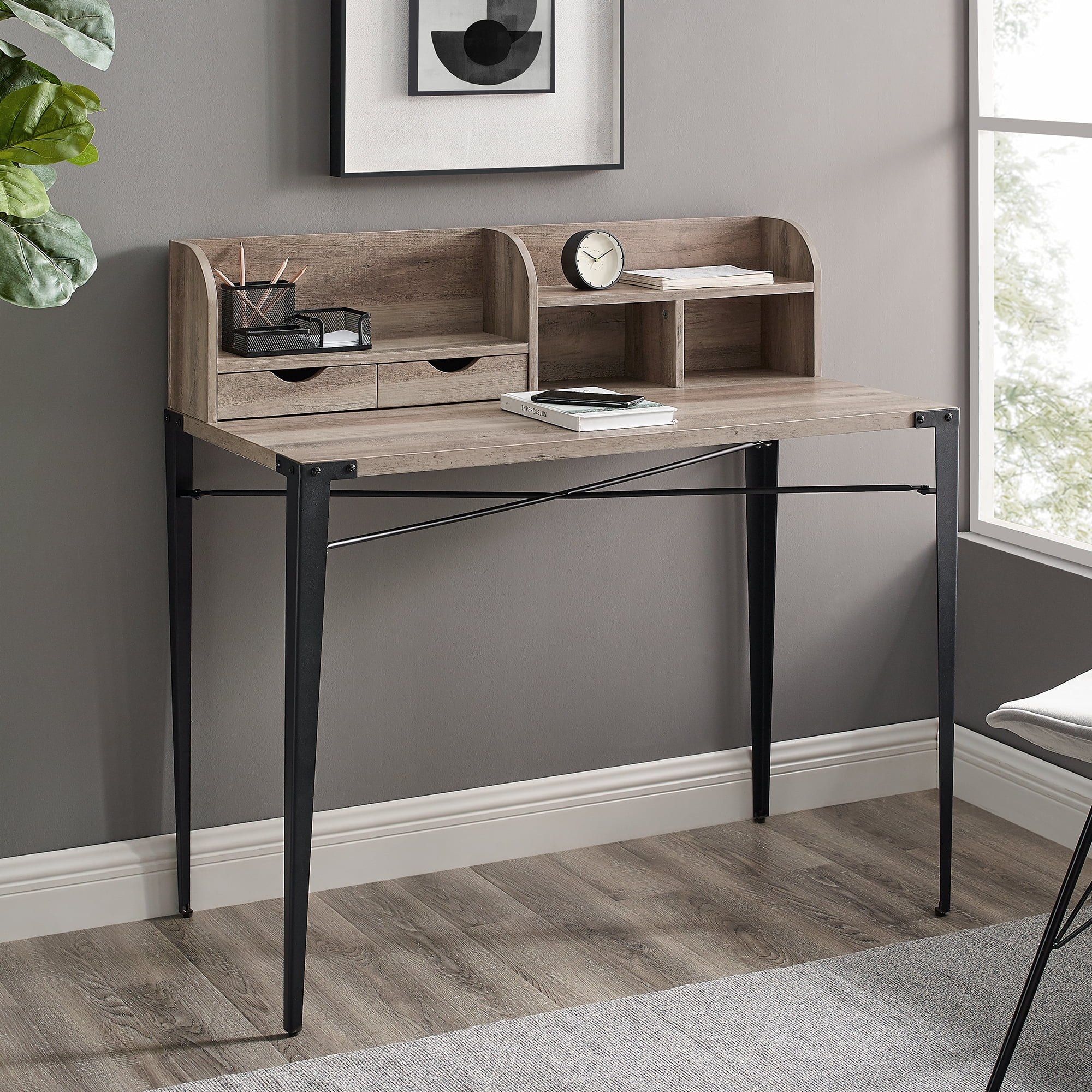 Manor Park Industrial Secretary Desk with Hutch Grey Wash