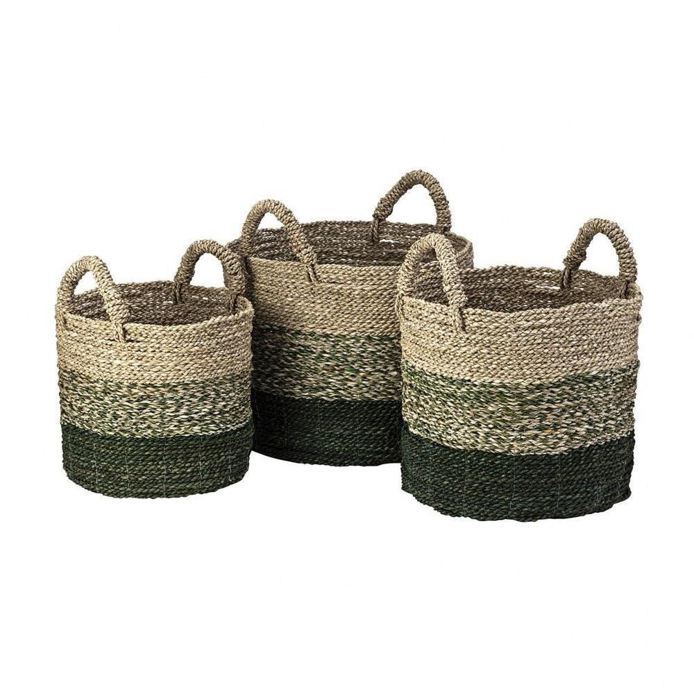 Handwoven Round Seagrass Baskets with Green Bands - Set of 3