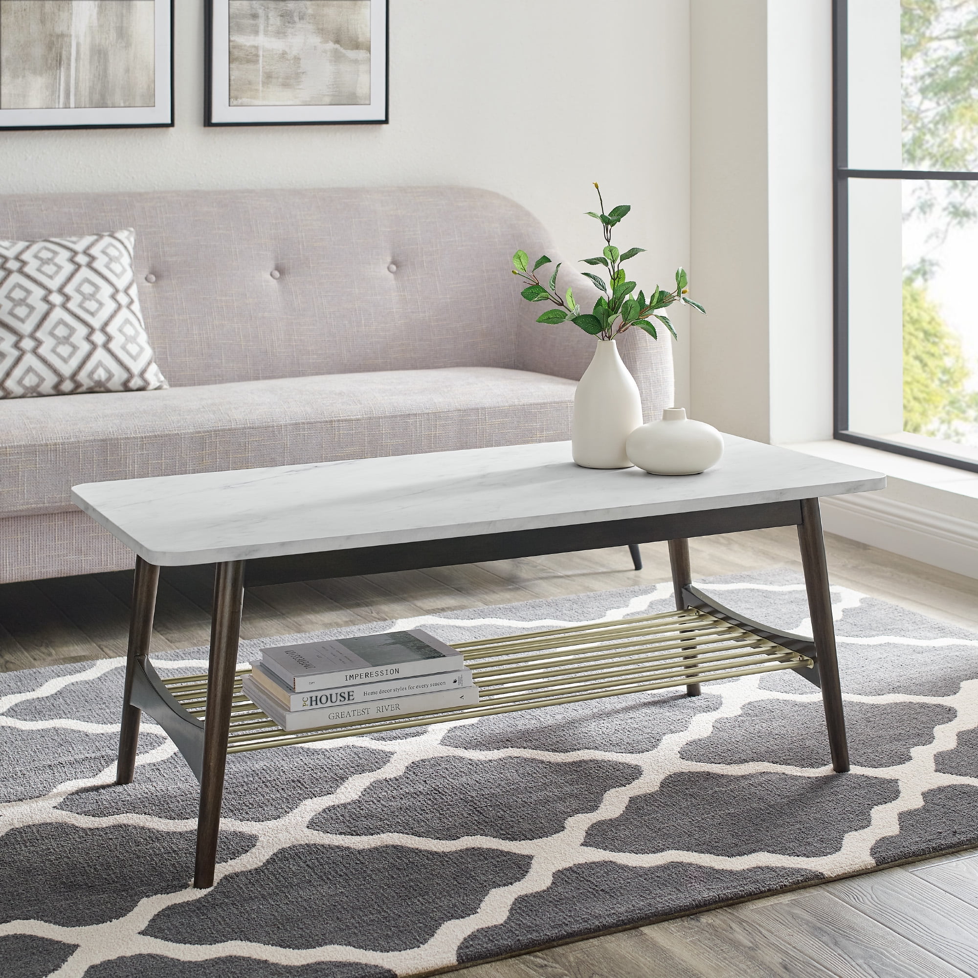 Manor Park Mid Century Coffee Table, Faux White Marble/Dark Brown Oak