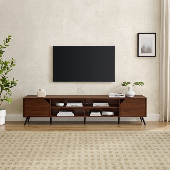 Walker Edison Mid-Century Modern 2-Door TV Stand for TVs up to 90”, Dark Walnut