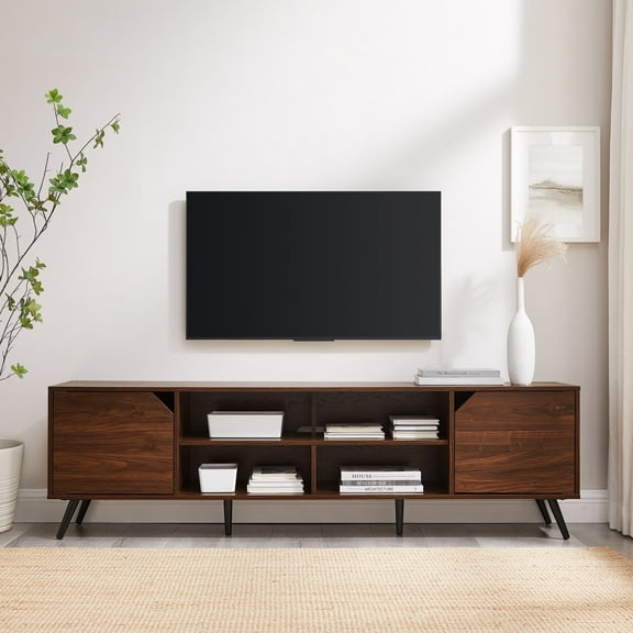 Walker Edison Mid-Century Modern Angle-Door TV Stand for TVs up to 80”, Dark Walnut