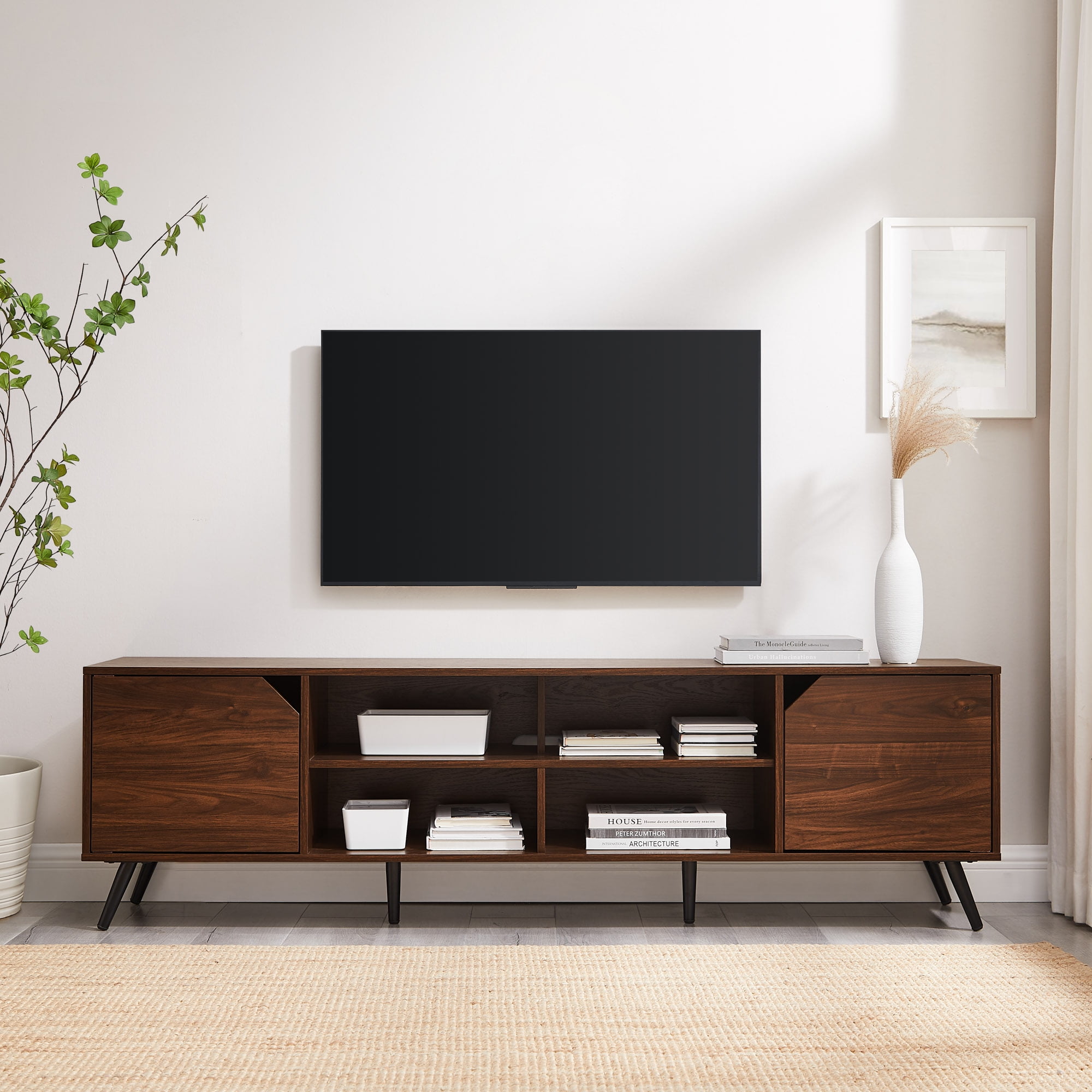 Walker Edison Mid-Century Modern Angle-Door TV Stand for TVs up to 80”, Dark Walnut