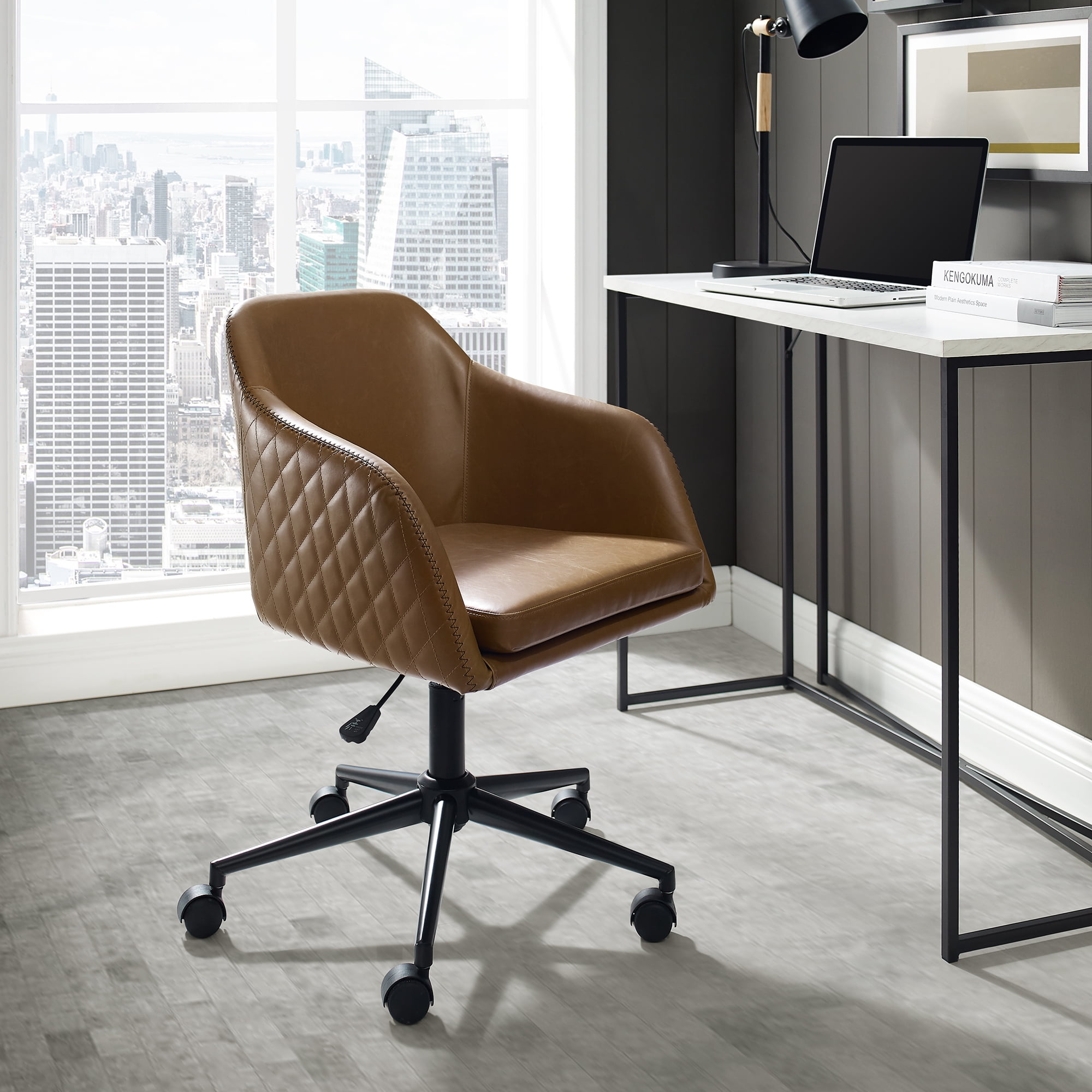 Manor Park Mid Century Modern Barrel Swivel Office Chair, Whiskey Brown