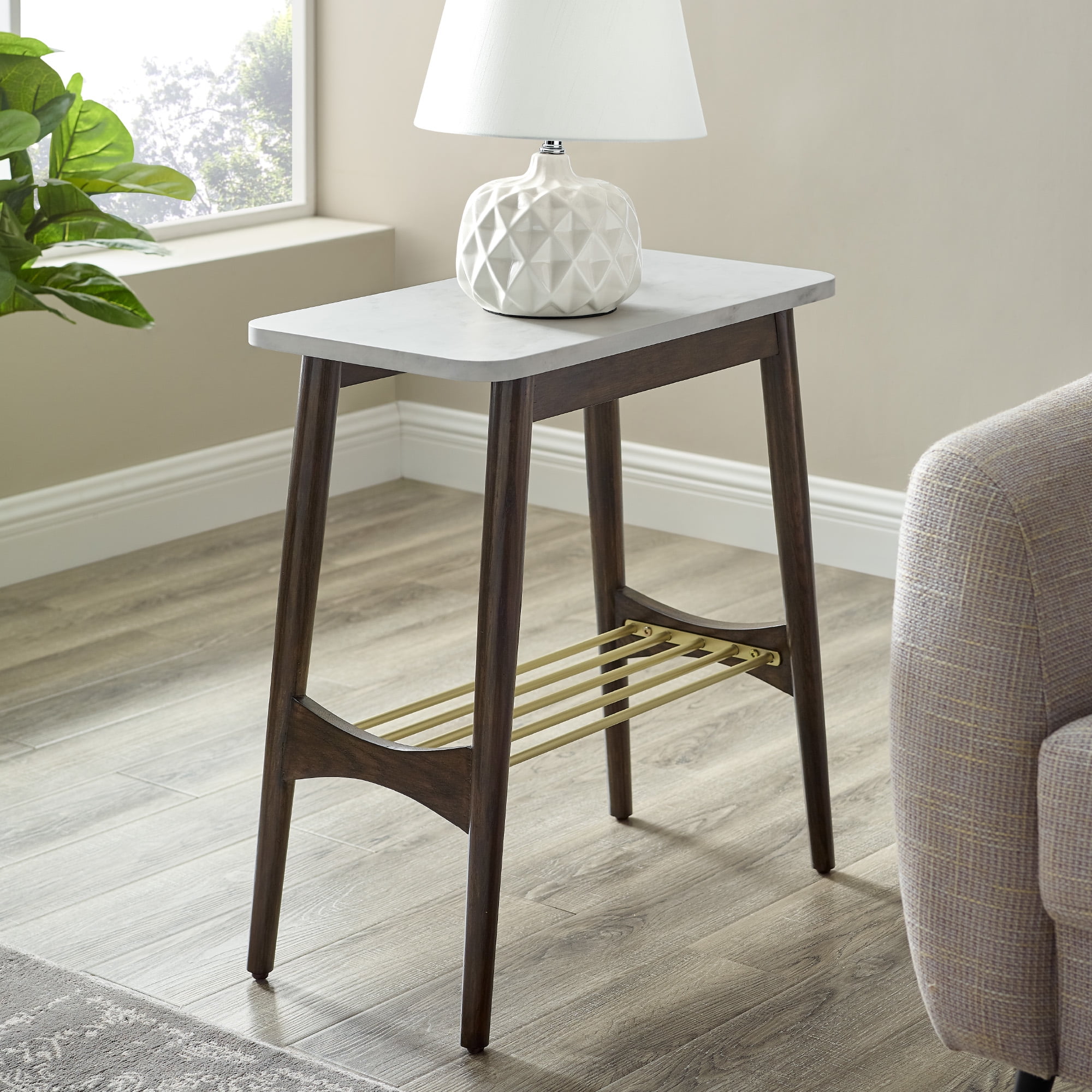 Manor Park Mid Century Modern End Table, White Faux Marble/Brown Oak