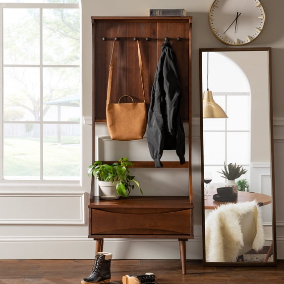 Manor Park Mid Century Modern Solid Wood Hall Tree, Walnut