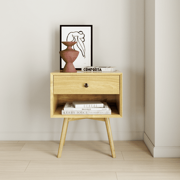 Manor Park Mid Century Walnut Solid Wood Nightstand, Light Oak