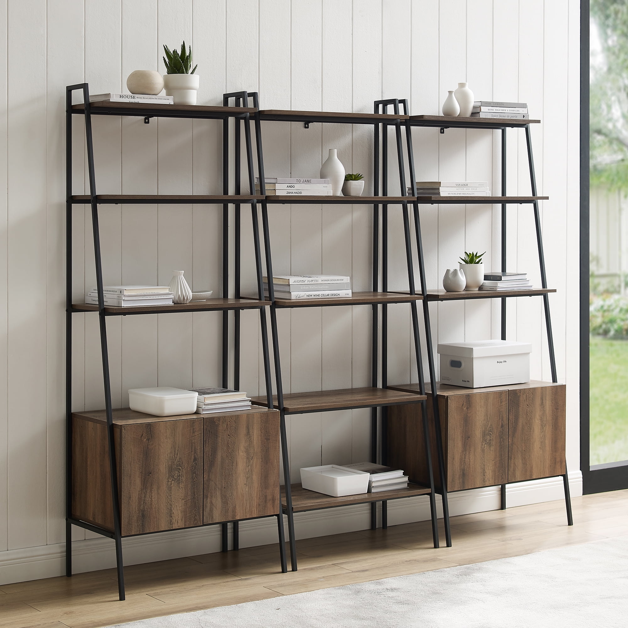 Manor Park Modern 3 Piece Ladder Bookcase Set, Reclaimed Barnwood