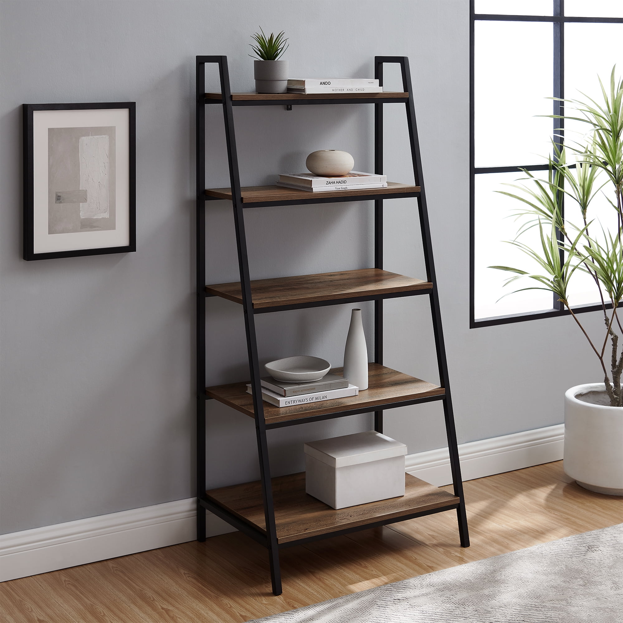 Manor Park Modern 5Shelf Ladder Bookshelf, Reclaimed Barnwood