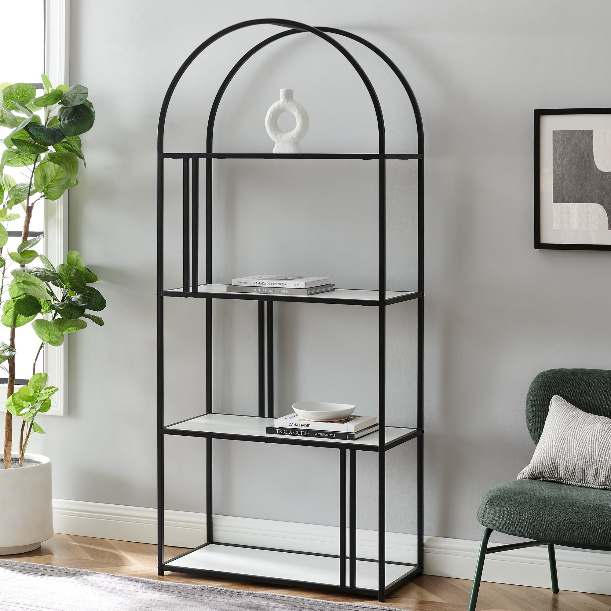 Manor Park Modern Arch Open Bookcase, White Faux Marble