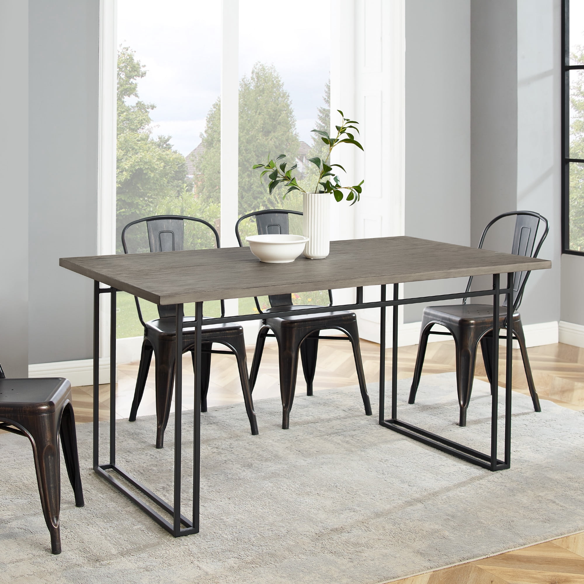 Manor Park Modern Double Metal Leg Wood Dining Table, Grey Hickory