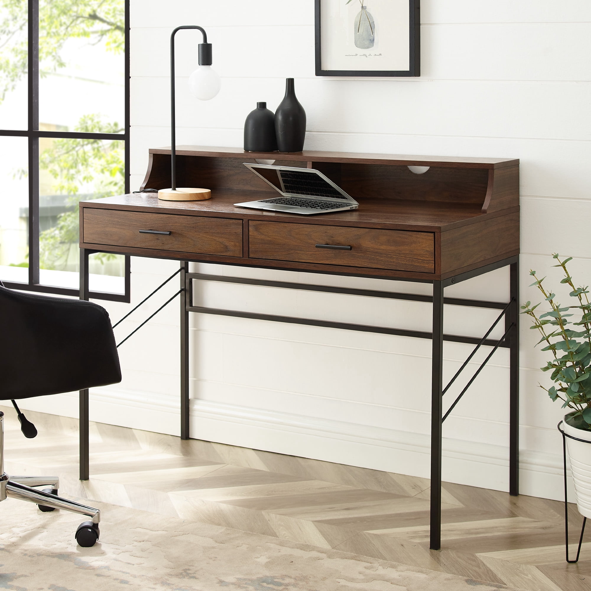 Manor Park Modern Eclectic 2 Drawer Hutch Desk, Dark Walnut