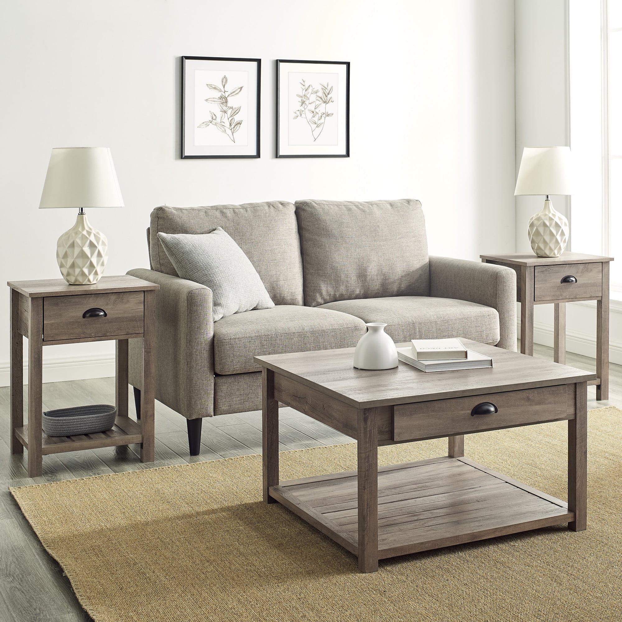 Manor Park Modern Farmhouse Grooved Shelf Grey Wash Accent Table Set